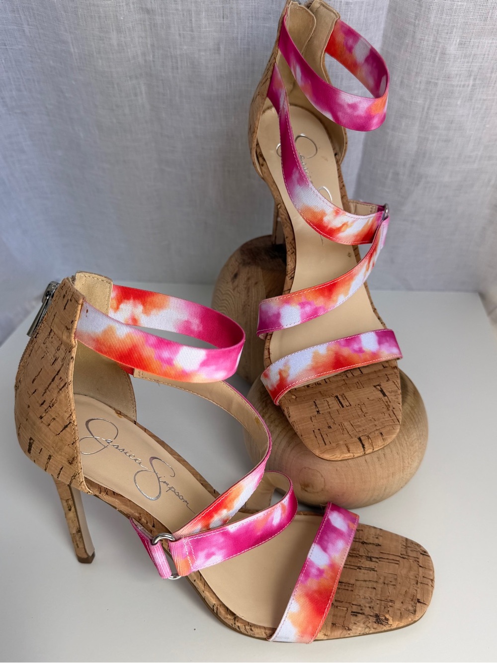 🩷🧡🤍 Jessica Simpson Pink Orange Tie-Dye Cork Strappy Heels Size 8.5 🩷🧡🤍